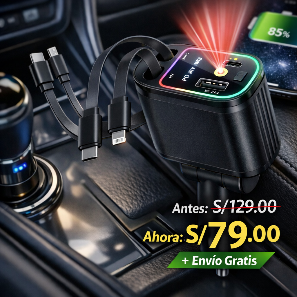Cargador para Auto Retráctil 4 en 1 Carga Rápida + Proyector